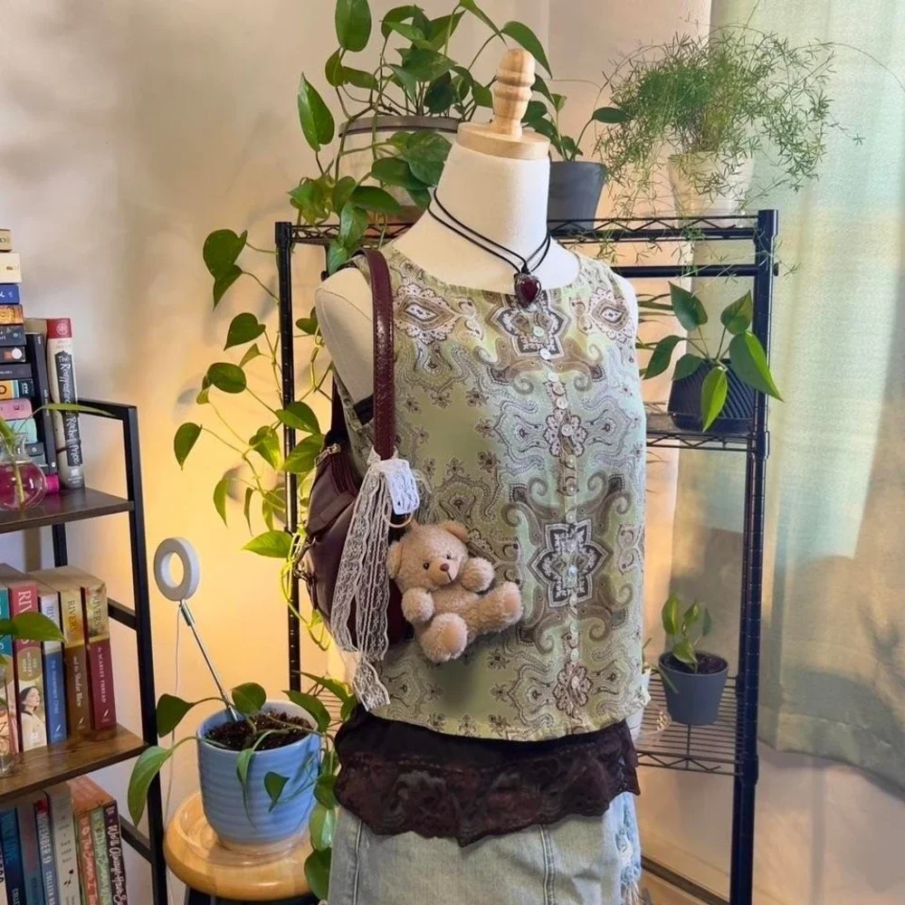 Vintage Y2K Green‎ Paisley Button-up Fairy Tank Top Blouse Small Boho Festival - Picture 4 of 7